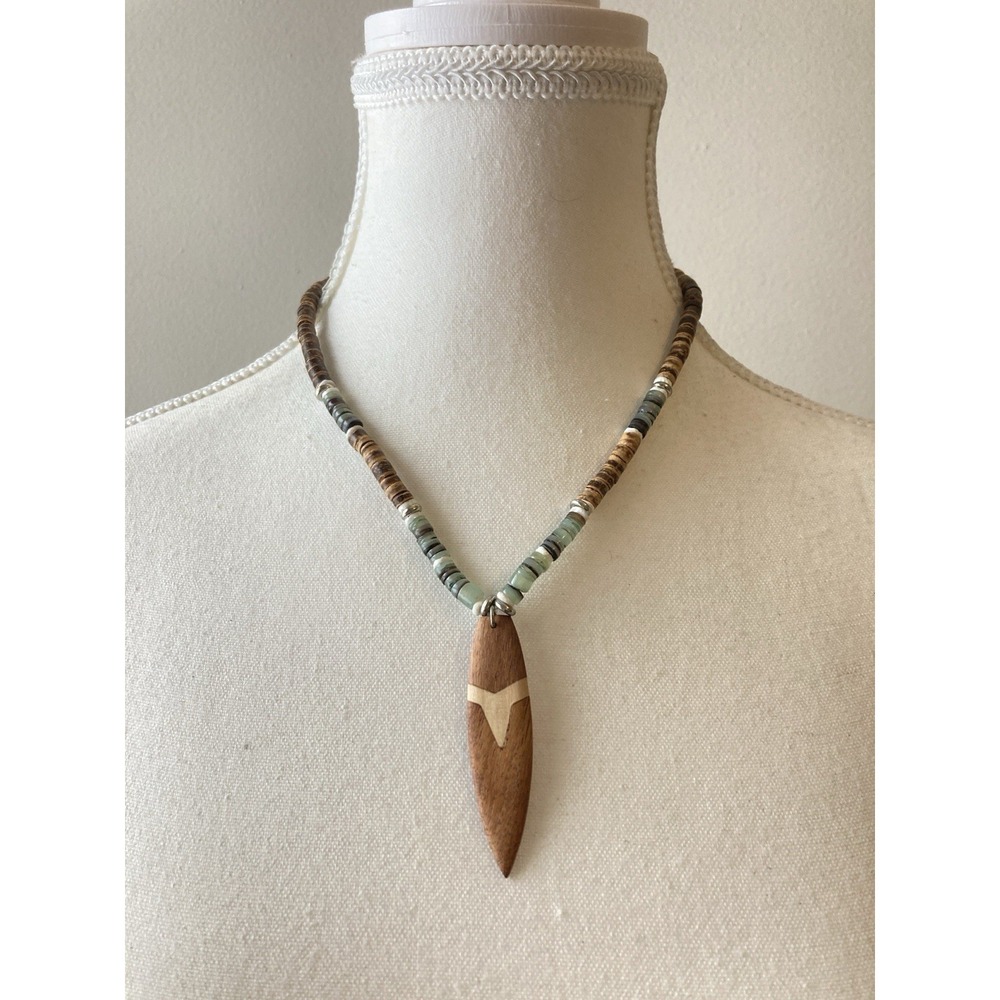 Surf Board Wood Pendant Necklace Beaded Boho‎ Surfer Beachy Coastal Resort